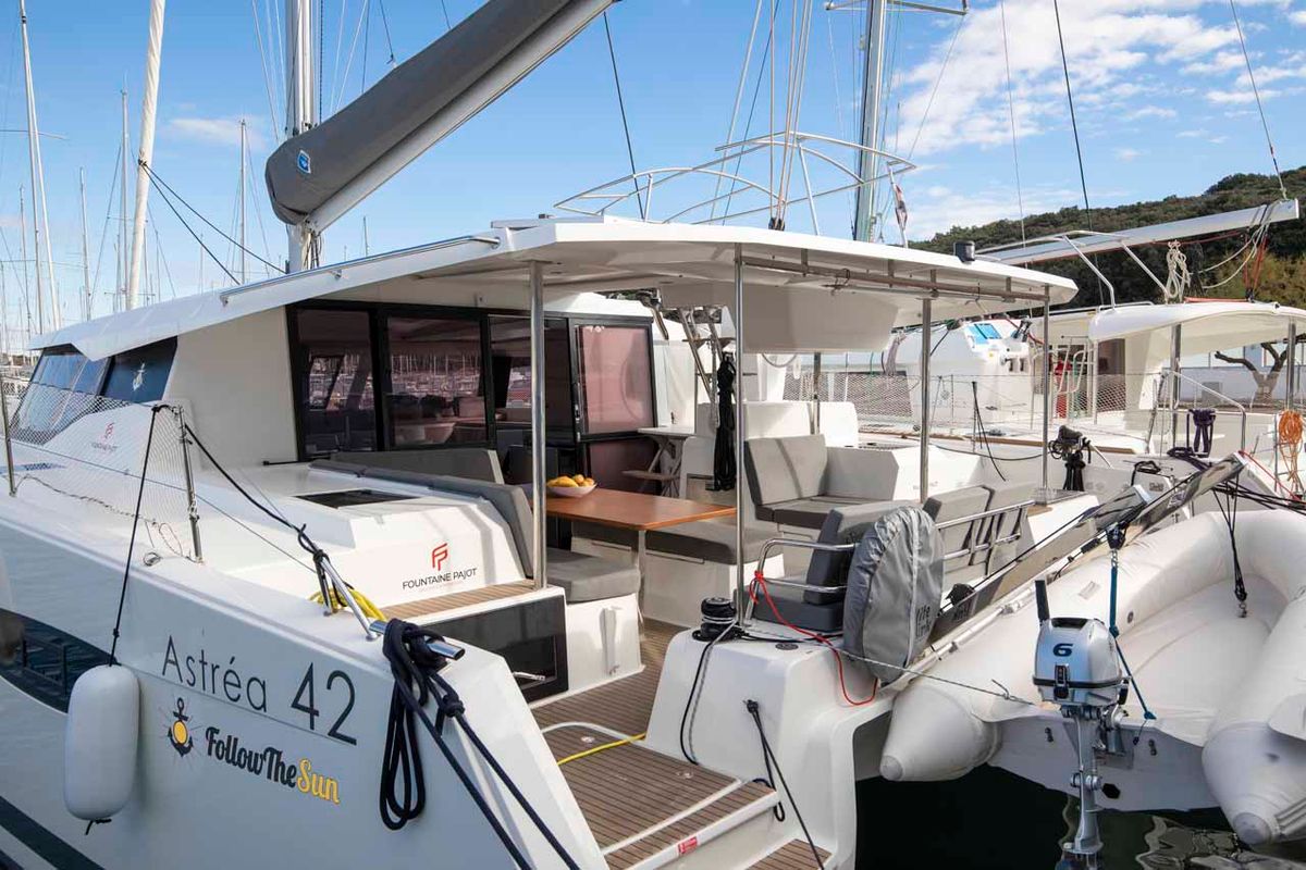 Deck of Follow The Sun, a Fountaine Pajot Astrea 42 catamaran at Općina Medulin, Croatia