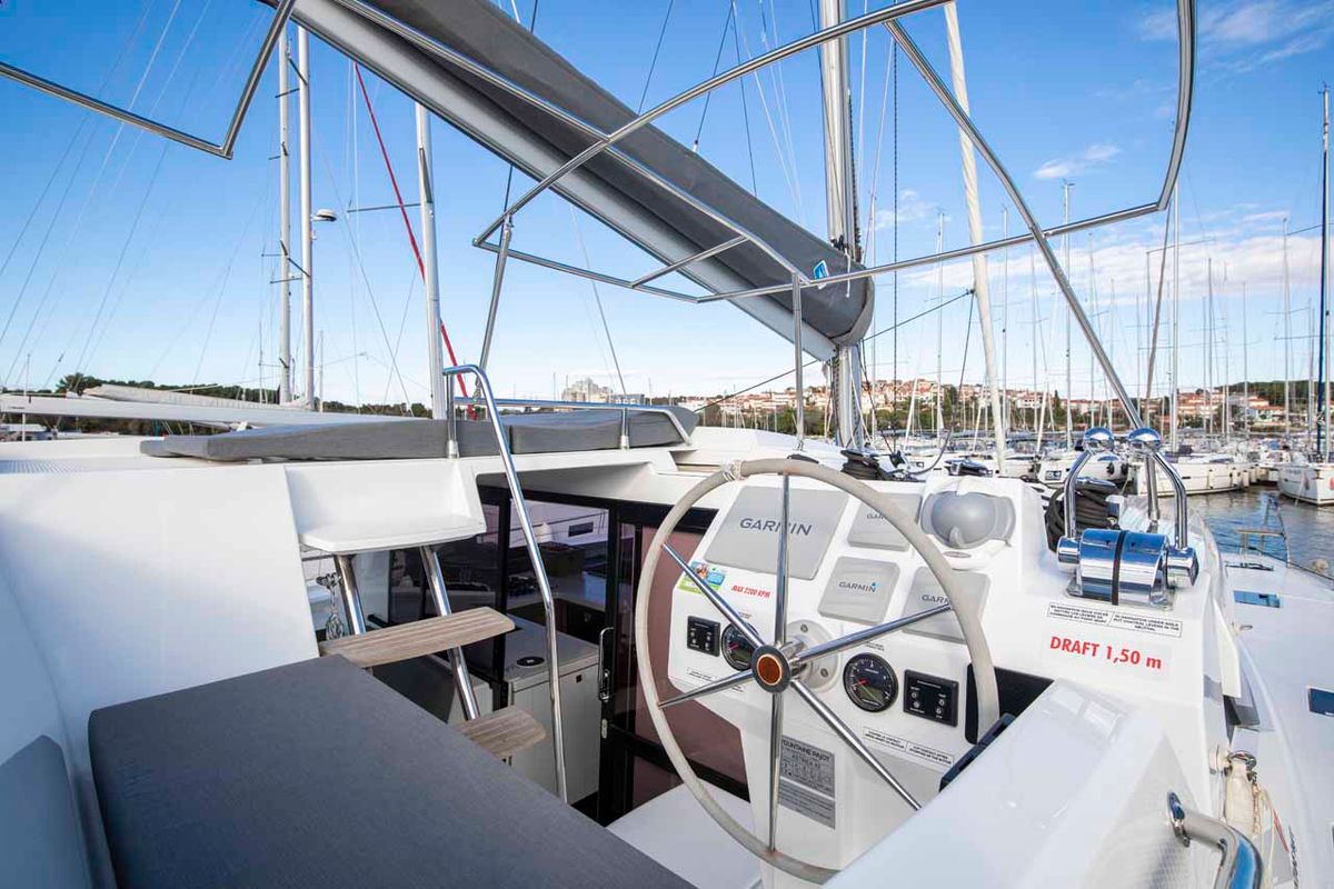Cockpit of Follow The Sun, a Fountaine Pajot Astrea 42 catamaran at Općina Medulin, Croatia