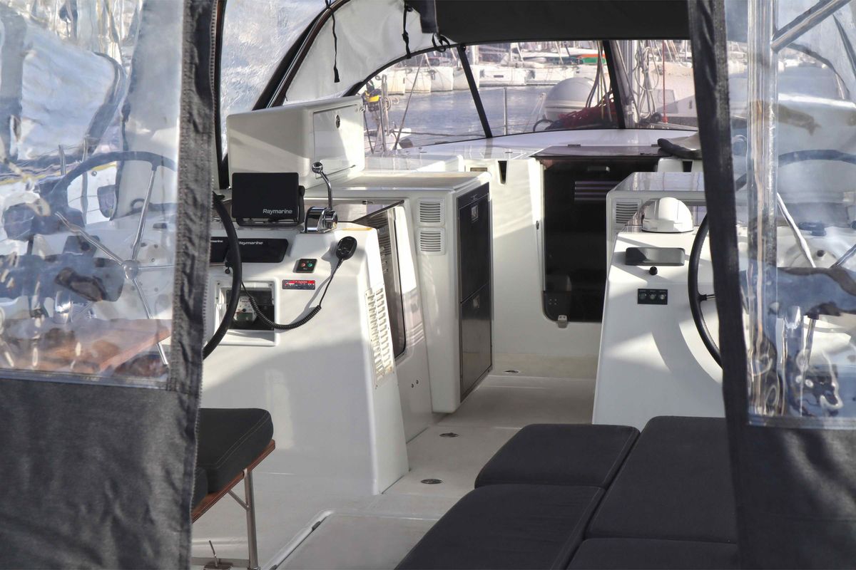 Cockpit of Solaris, a Jeanneau Sun Loft 47 sailboat at Municipal Unit of Lefkada, Greece