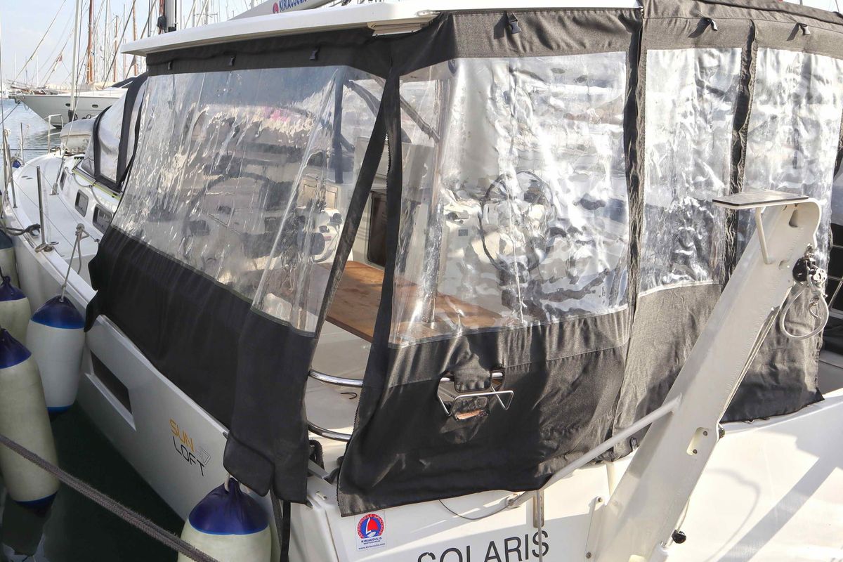 Exterior view of Solaris, a Jeanneau Sun Loft 47 sailboat at Municipal Unit of Lefkada, Greece