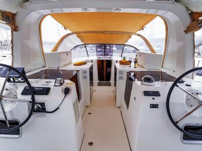Cockpit of Discovery Blue, a Jeanneau Sun Loft 47 sailboat at Municipal Unit of Nea Peramos, Greece