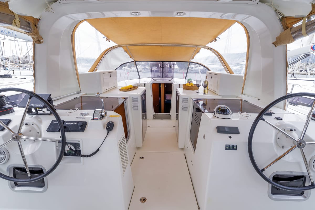 Discovery Blue, a Jeanneau Sun Loft 47 sailboat at Municipal Unit of Nea Peramos, Greece