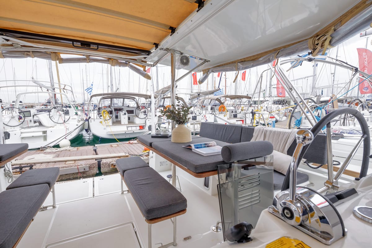 Discovery Blue, a Jeanneau Sun Loft 47 sailboat at Municipal Unit of Nea Peramos, Greece