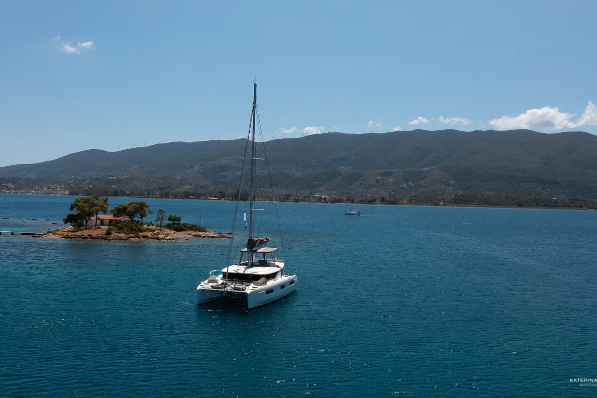 Exterior view of El Marita Brand New 2021 A/C & Generator Skippered, a Lagoon 46 catamaran at Municipal Unit of Lefkada, Gre…