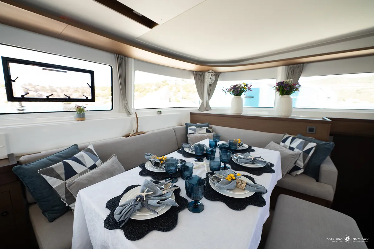 Salon of El Marita Brand New 2021 A/C & Generator Skippered, a Lagoon 46 catamaran at Municipal Unit of Lefkada, Greece