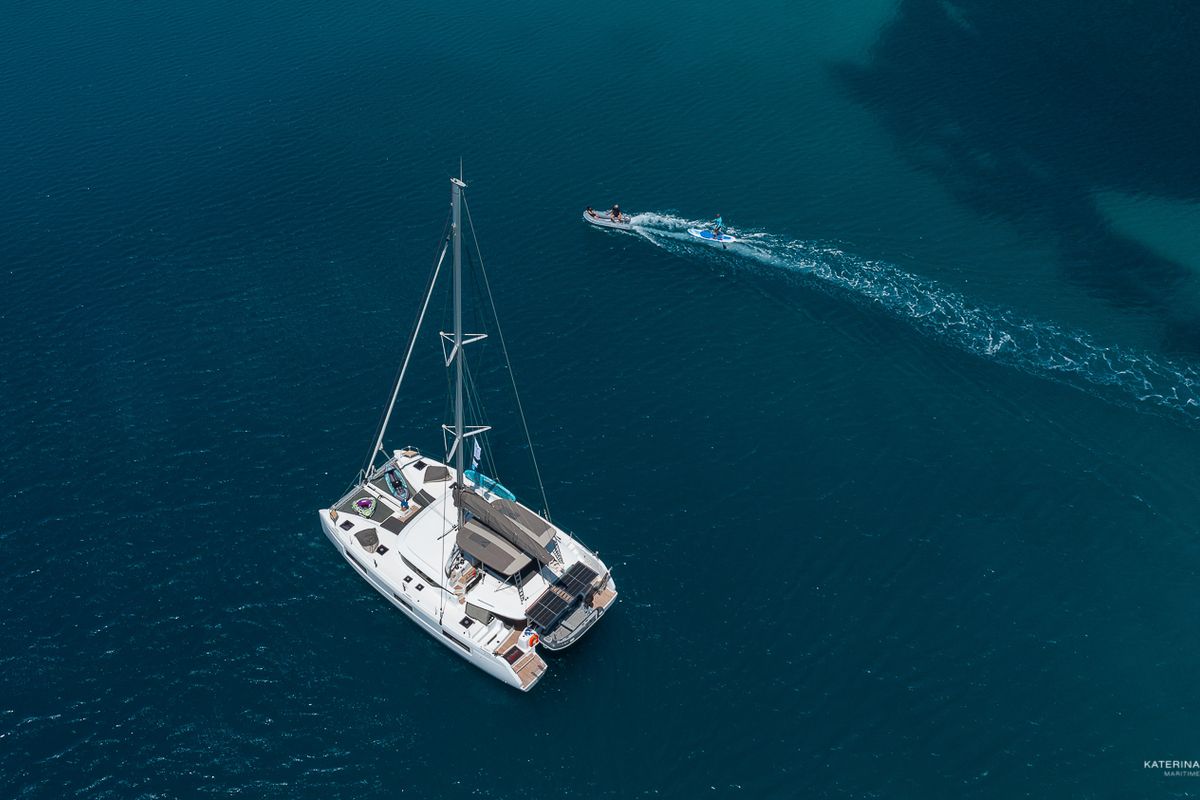 Exterior view of El Marita Brand New 2021 A/C & Generator Skippered, a Lagoon 46 catamaran at Municipal Unit of Lefkada, Gre…