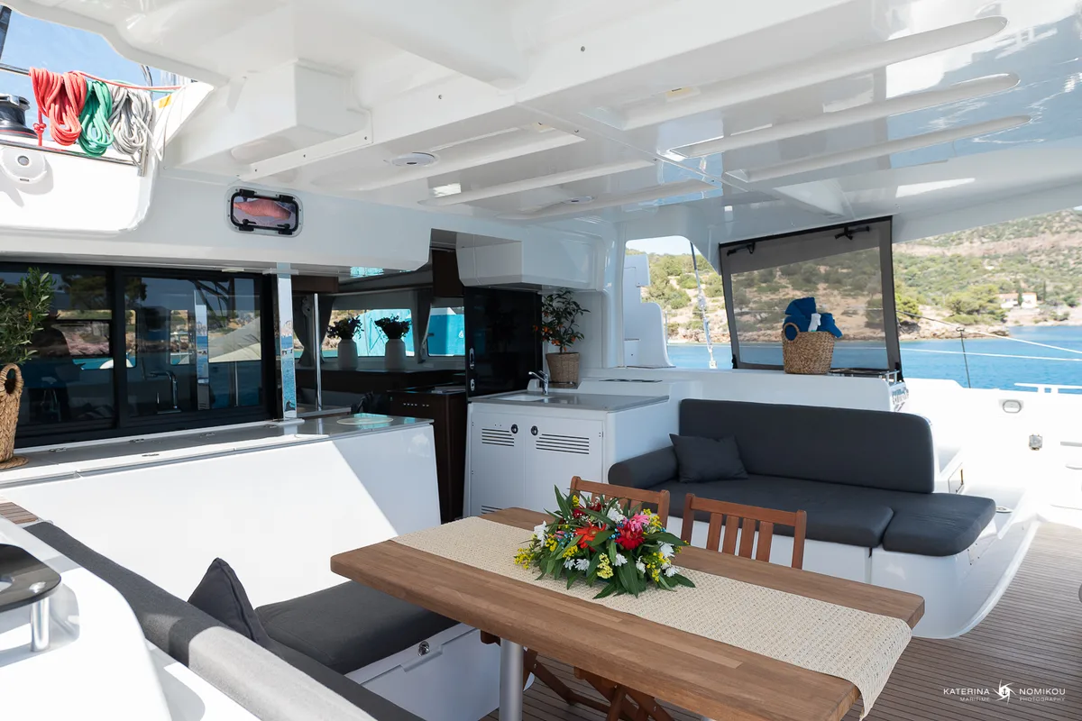 Deck of El Marita Brand New 2021 A/C & Generator Skippered, a Lagoon 46 catamaran at Municipal Unit of Lefkada, Greece