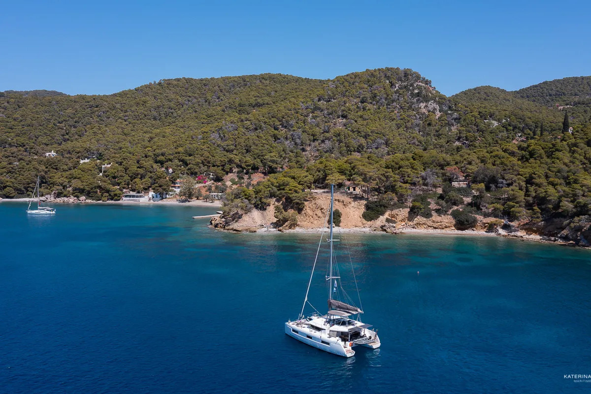 Exterior view of El Marita Brand New 2021 A/C & Generator Skippered, a Lagoon 46 catamaran at Municipal Unit of Lefkada, Gre…