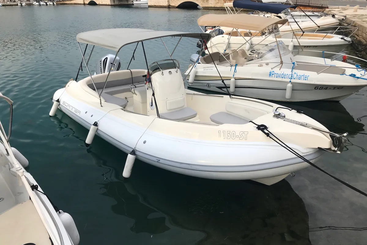 Exterior view of Envy Tender, a Scanner 710 motorboat at Grad Trogir, Croatia