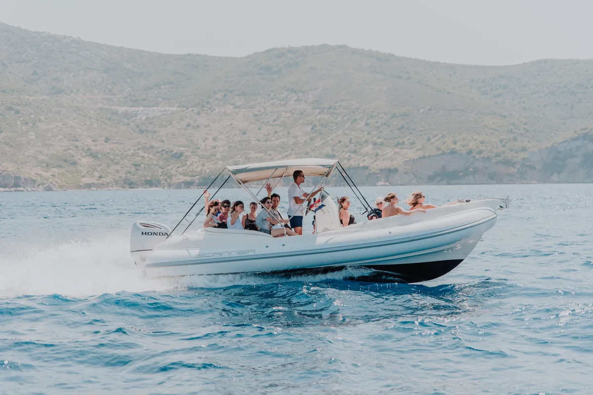 Exterior view of Envy Tender, a Scanner 710 motorboat at Grad Trogir, Croatia