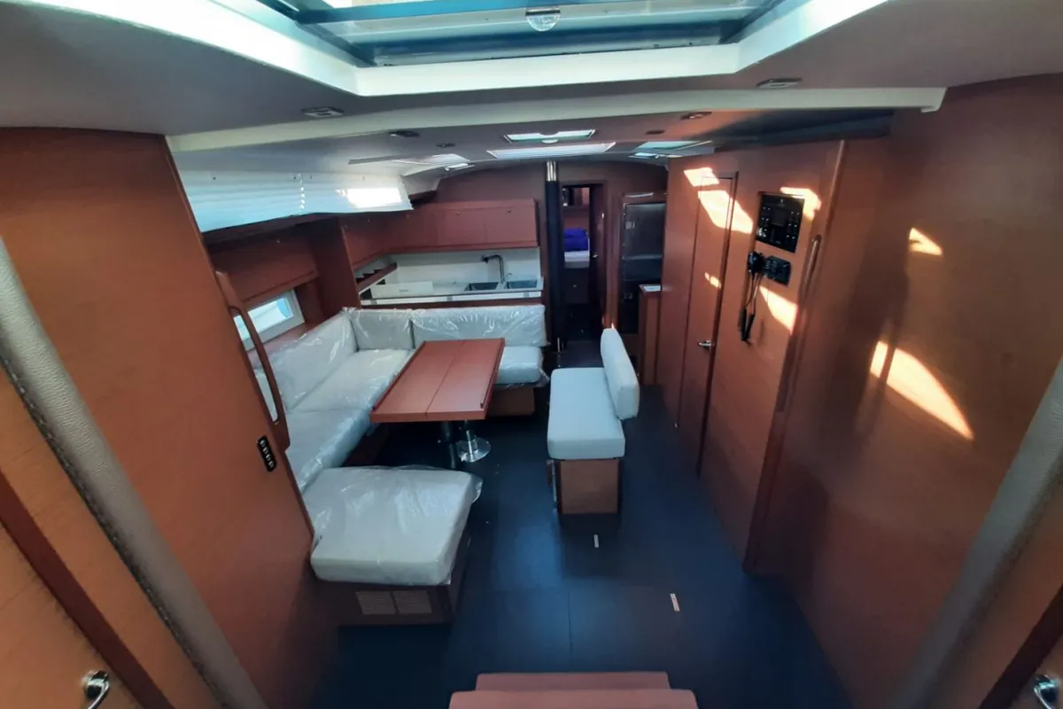 Salon of Artemide, a Dufour 530 sailboat at Capo d'Orlando, Italy