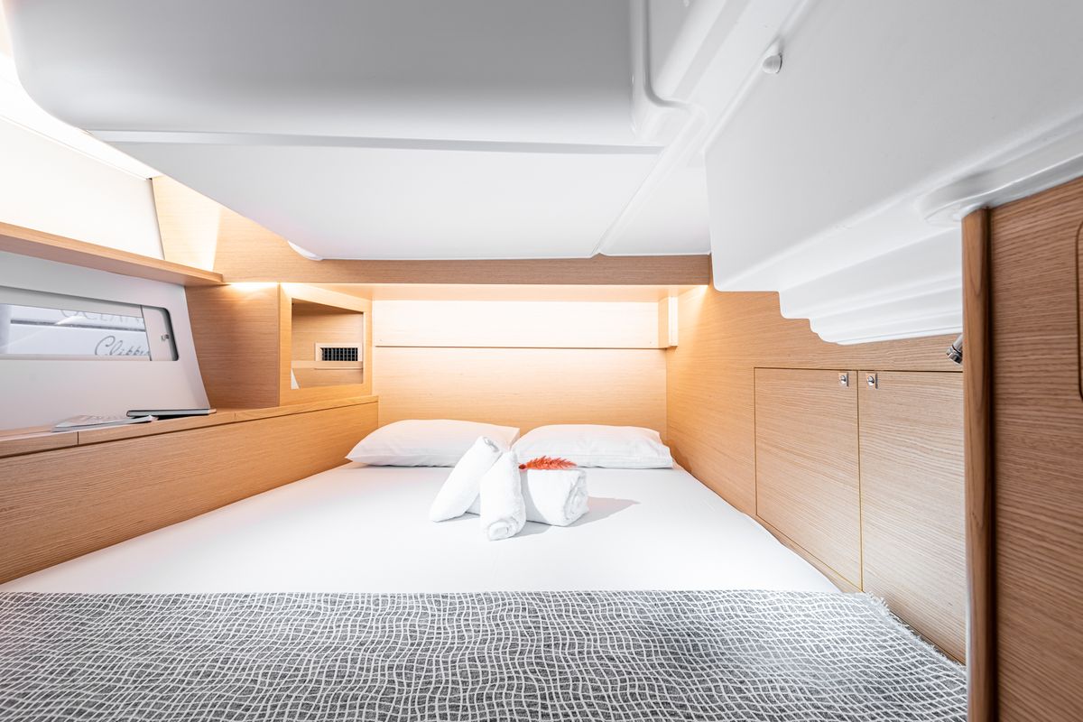 Cabin on Artemide, a Dufour 530 sailboat at Capo d'Orlando, Italy