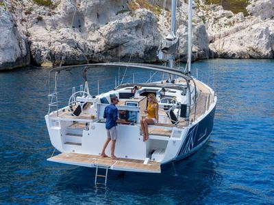 Deck of Artemide, a Dufour 530 sailboat at Capo d'Orlando, Italy