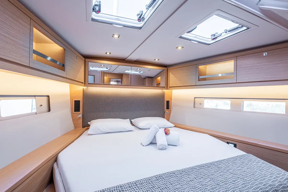 Cabin on Artemide, a Dufour 530 sailboat at Capo d'Orlando, Italy