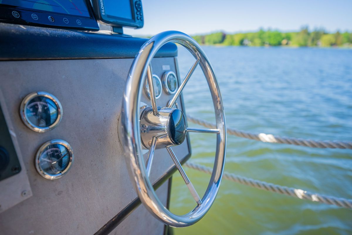 Cockpit of Juno, a Woma D13 motorboat at Fürstenberg/Havel, Germany