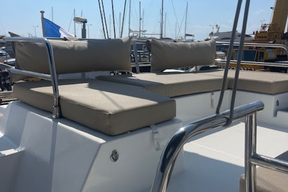 Deck of Red Rose, a Fountaine Pajot Saona 47 catamaran at Tourlos, Greece