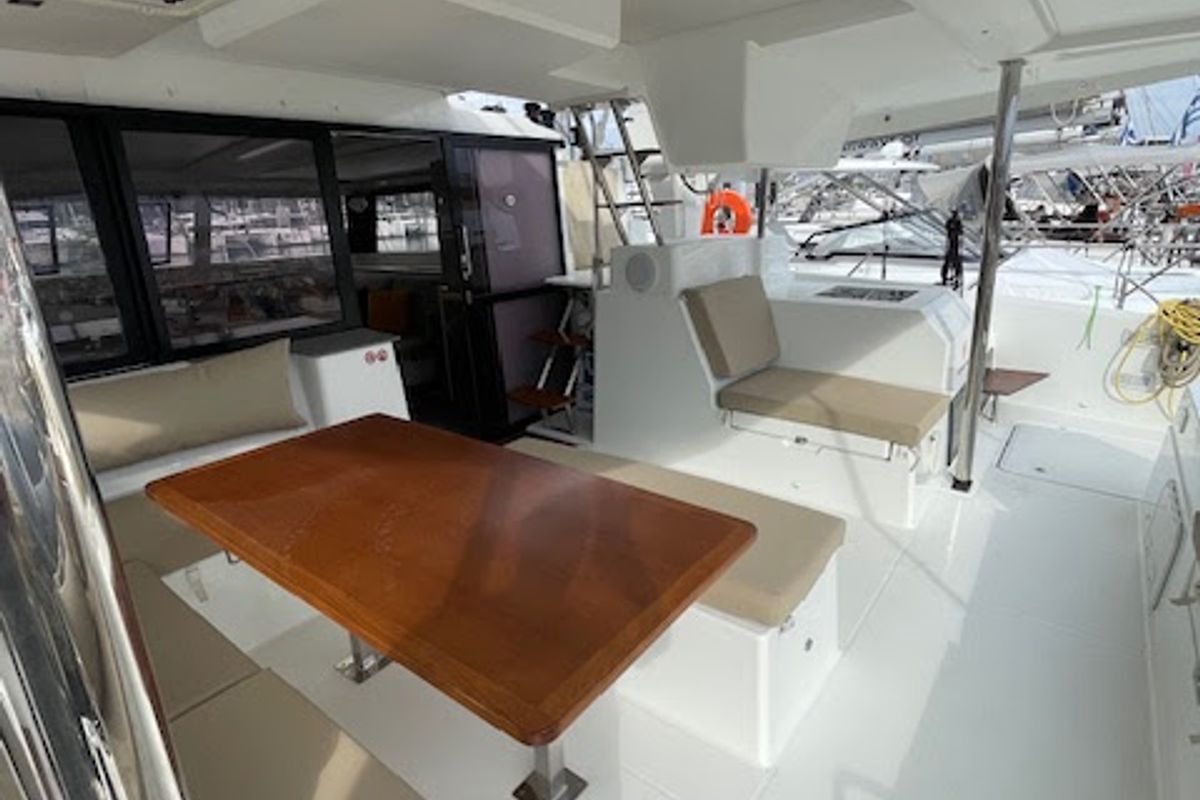 Deck of Red Rose, a Fountaine Pajot Saona 47 catamaran at Tourlos, Greece