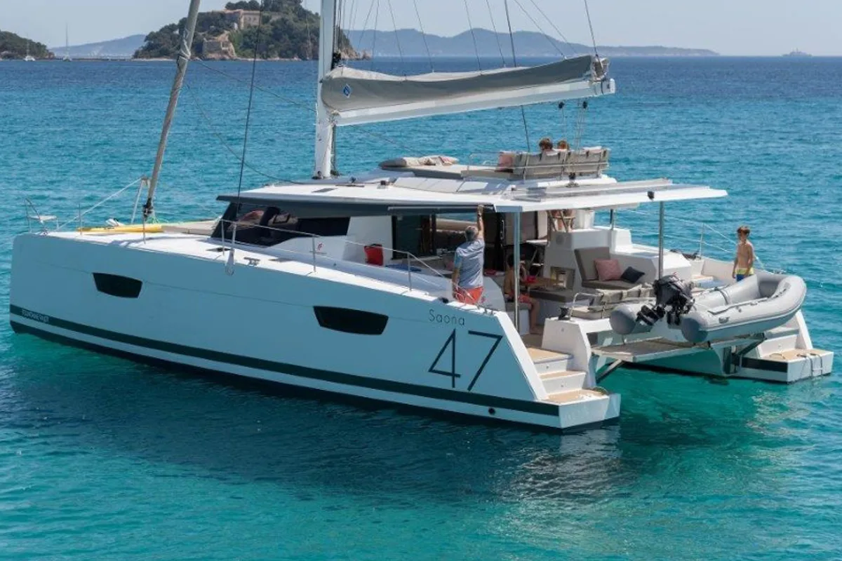 Exterior view of Red Rose, a Fountaine Pajot Saona 47 catamaran at Tourlos, Greece