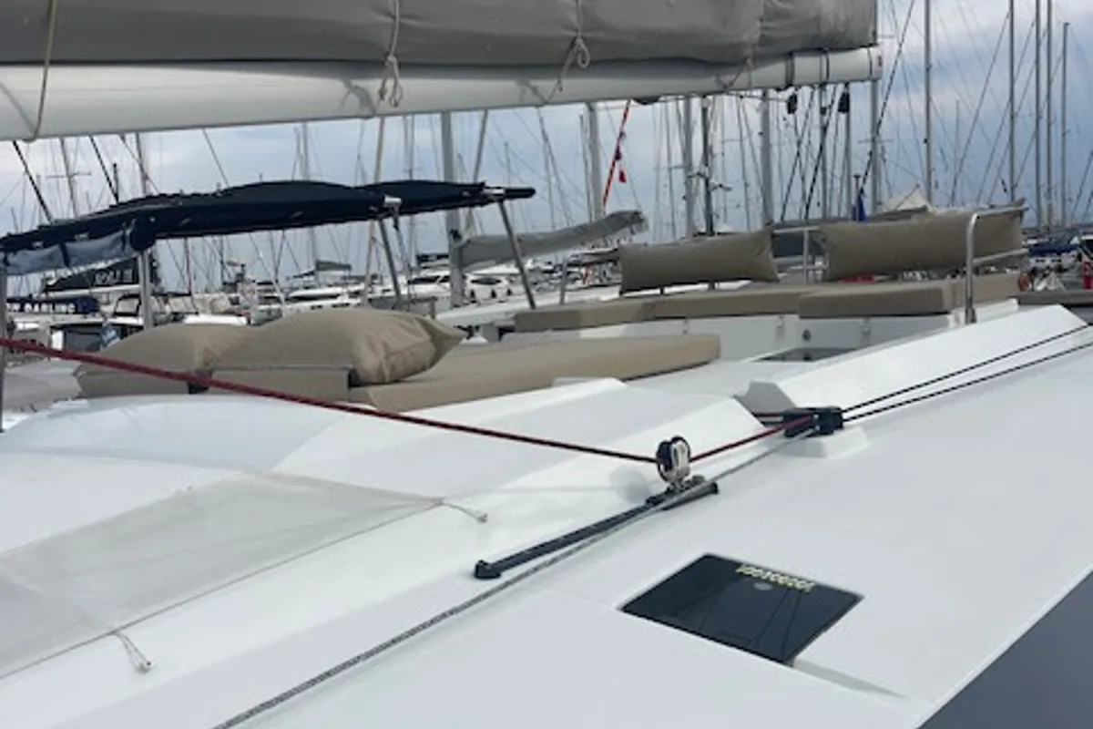 Deck of Red Rose, a Fountaine Pajot Saona 47 catamaran at Tourlos, Greece