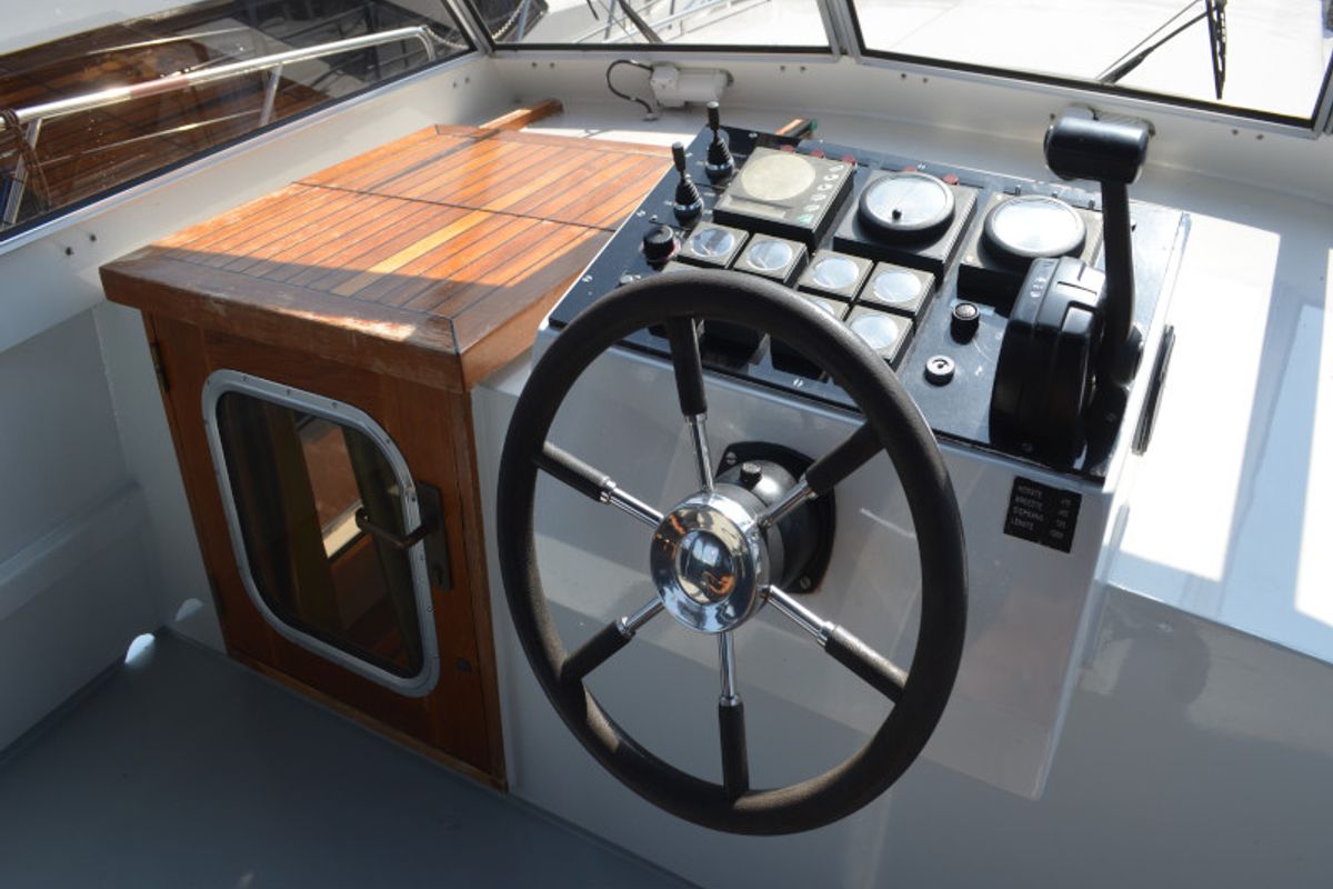 Cockpit of Blueflower, a De Drait Valkkruiser 1350 motorboat at Drachten, Netherlands