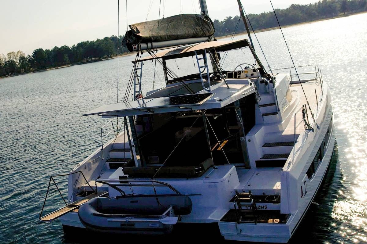 Exterior view of Kos 42.6, a Bali 4.2 catamaran at Preveza, Greece