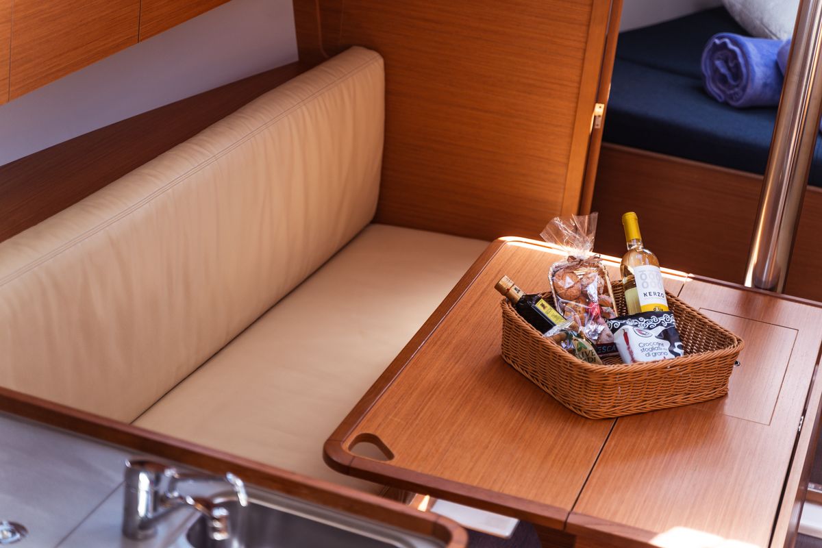 Salon of Monia, a Dufour 360 Grand Large sailboat at Olbia, Italy