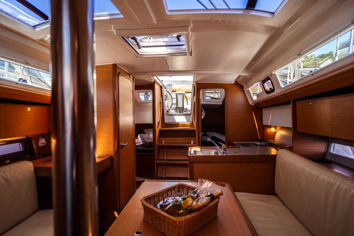 Salon of Monia, a Dufour 360 Grand Large sailboat at Olbia, Italy