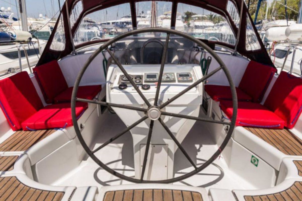 Cockpit of Simonetta, a Beneteau Oceanis 411 sailboat at Municipal Unit of Nea Peramos, Greece