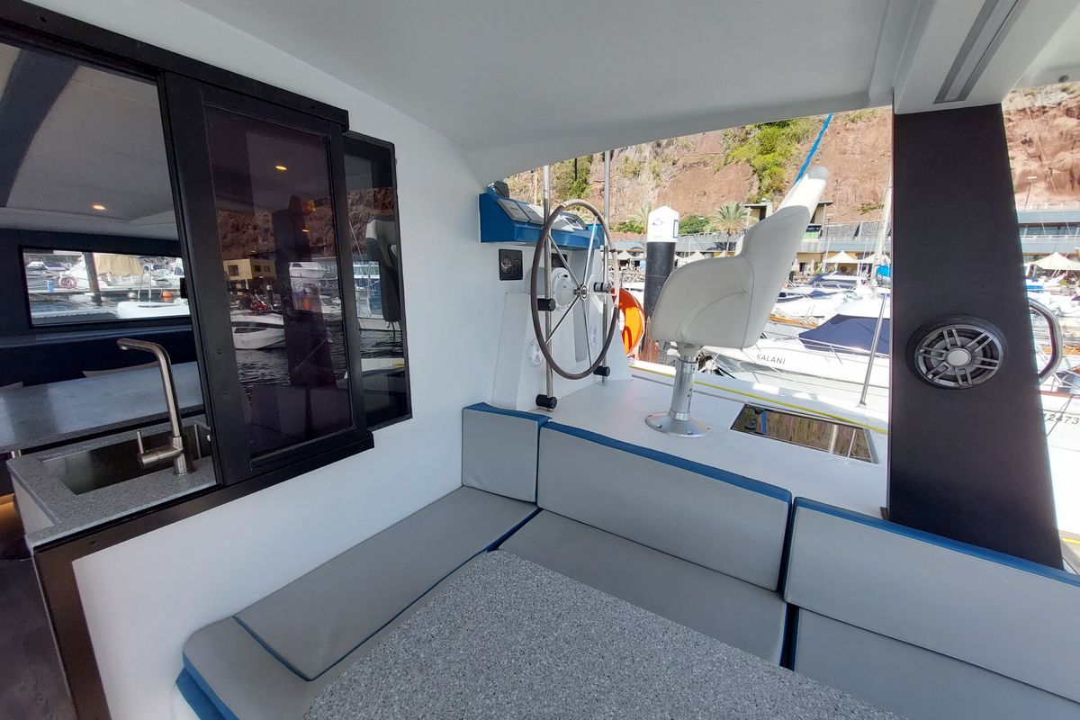 Cockpit of Turquoise, a Luna 47 Power catamaran at Funchal, Portugal