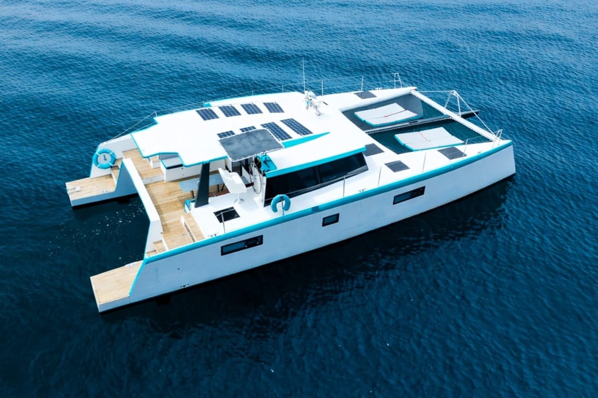 Turquoise, a Luna 47 Power catamaran at Funchal, Portugal
