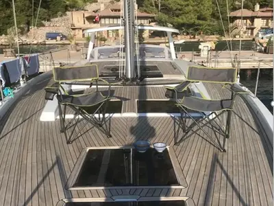 Deck of Ananija II, a Hanse Yachts Hanse 588 sailboat at Marmaris, Turkey