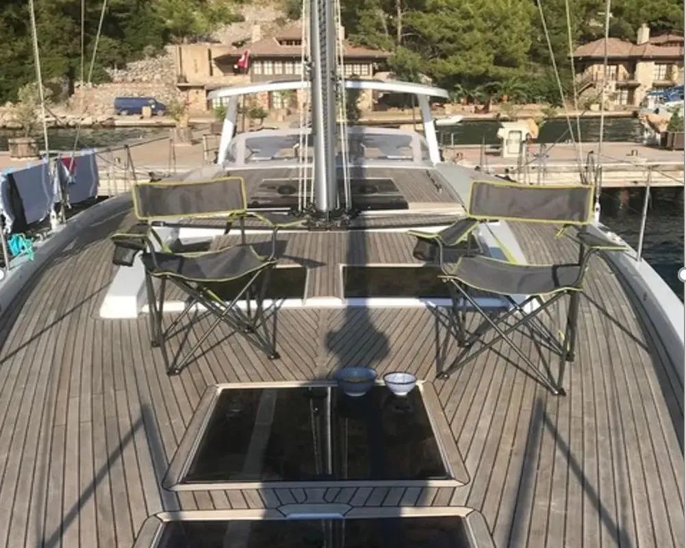 Deck of Ananija II, a Hanse Yachts Hanse 588 sailboat at Marmaris, Turkey