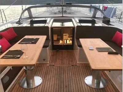 Deck of Ananija II, a Hanse Yachts Hanse 588 sailboat at Marmaris, Turkey