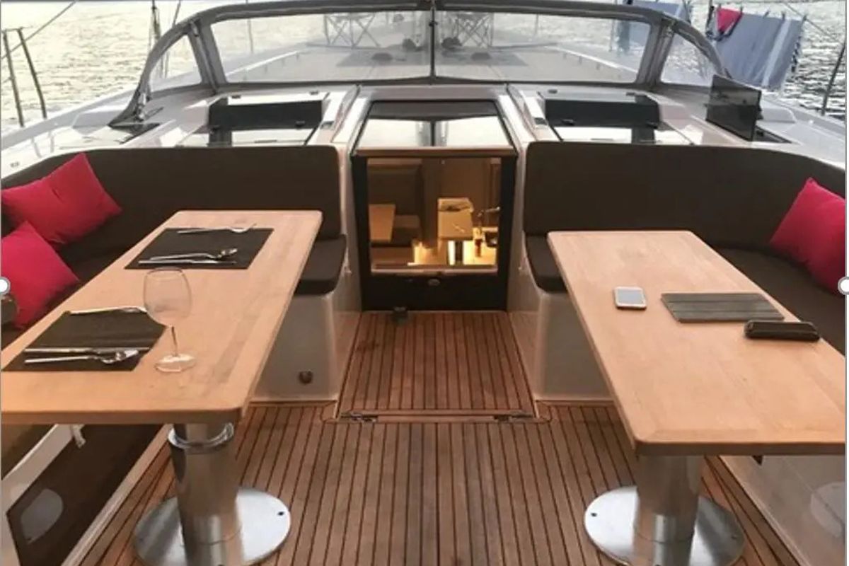 Deck of Ananija II, a Hanse Yachts Hanse 588 sailboat at Marmaris, Turkey