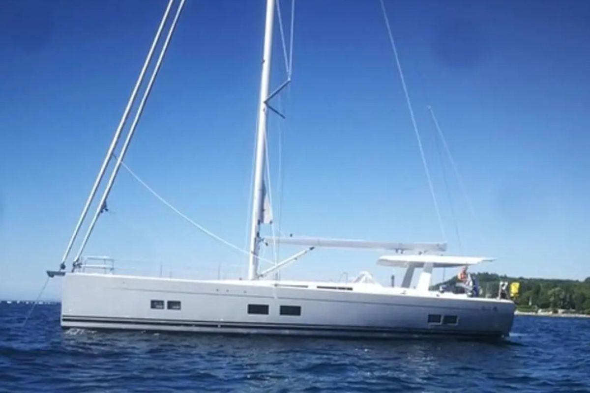Exterior view of Ananija II, a Hanse Yachts Hanse 588 sailboat at Marmaris, Turkey