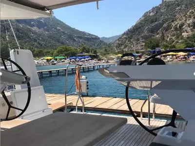 Cockpit of Ananija II, a Hanse Yachts Hanse 588 sailboat at Marmaris, Turkey
