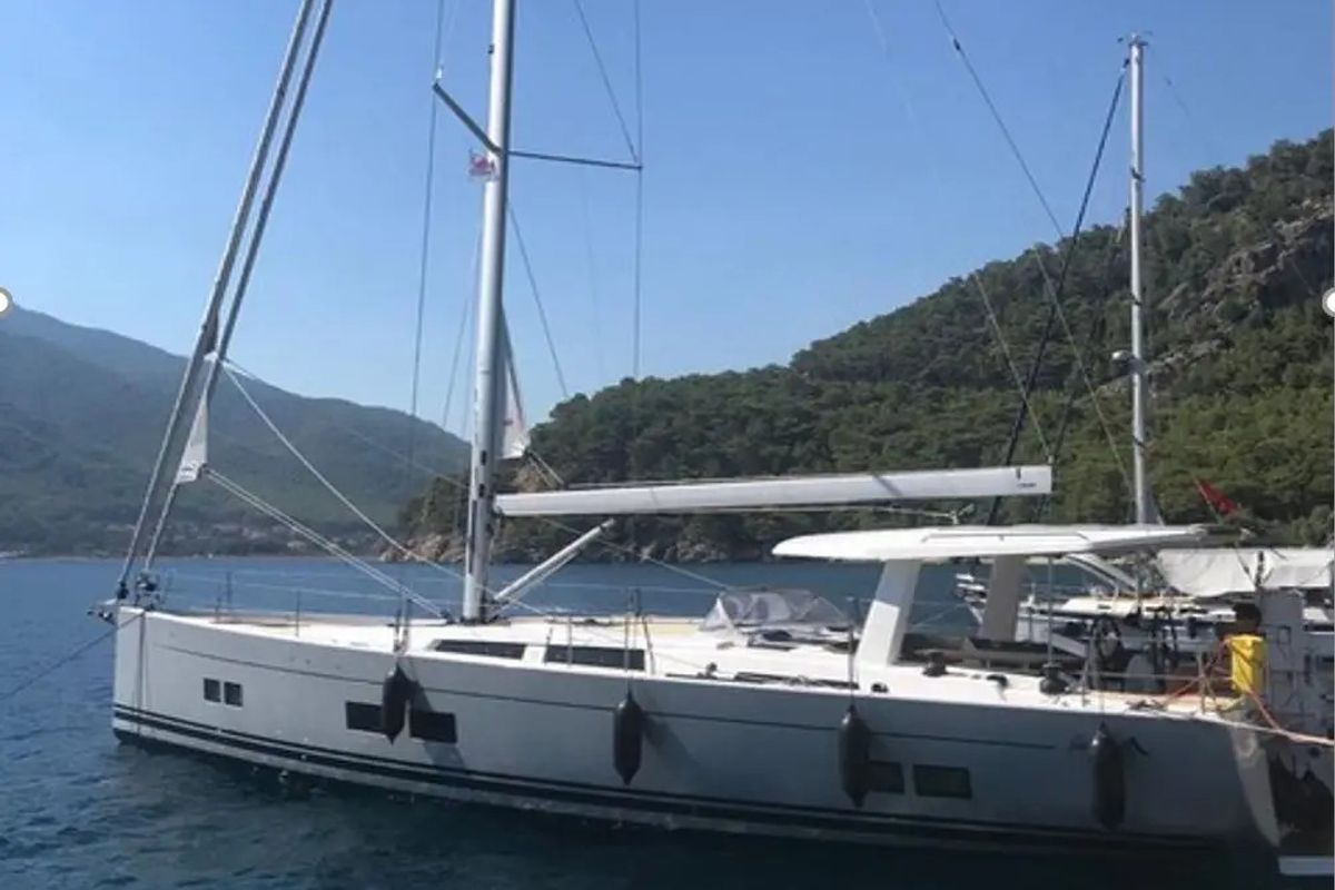 Exterior view of Ananija II, a Hanse Yachts Hanse 588 sailboat at Marmaris, Turkey