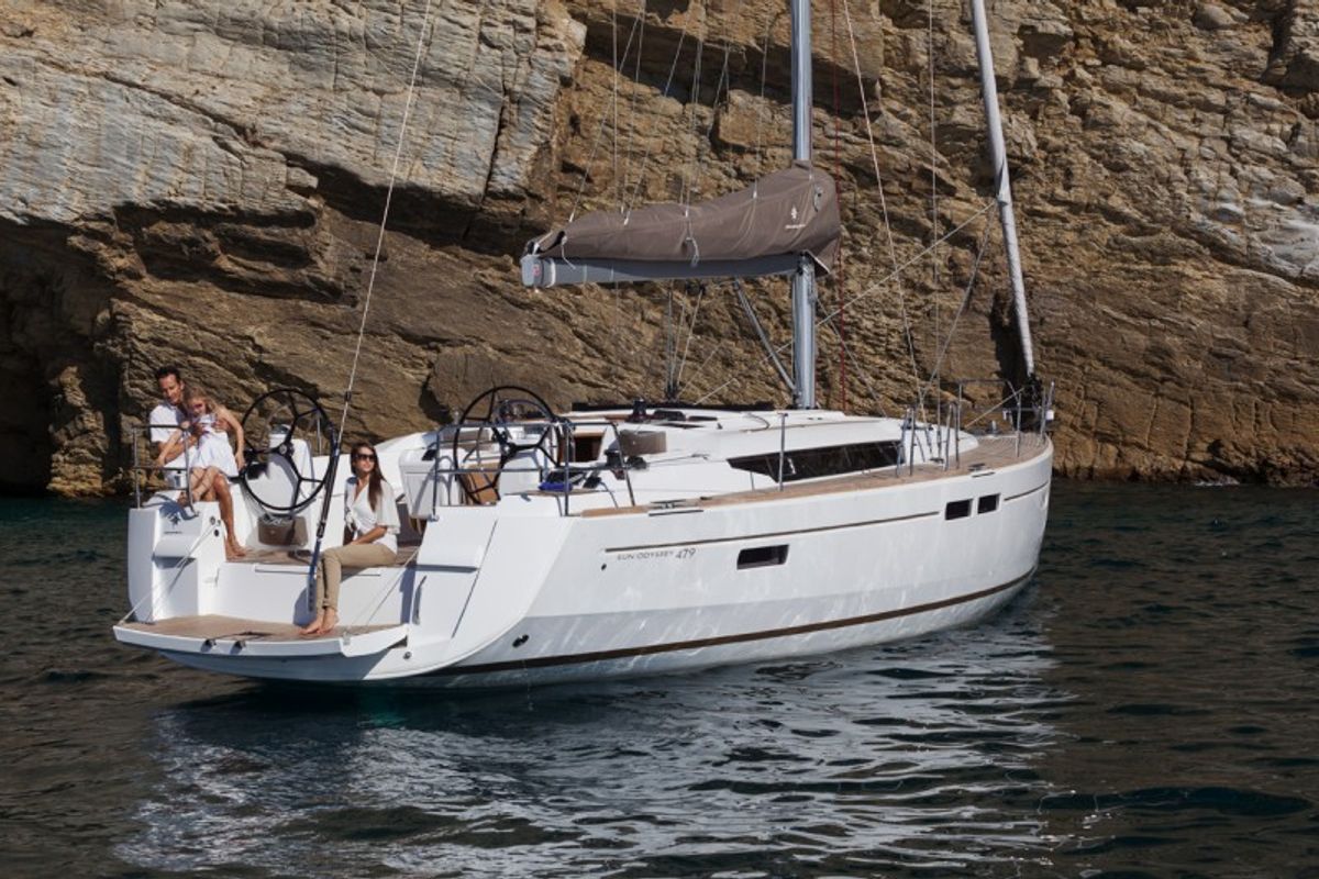 Exterior view of Artdrenalin, a Jeanneau Sun Odyssey 479 sailboat at Municipal Unit of Lefkada, Greece