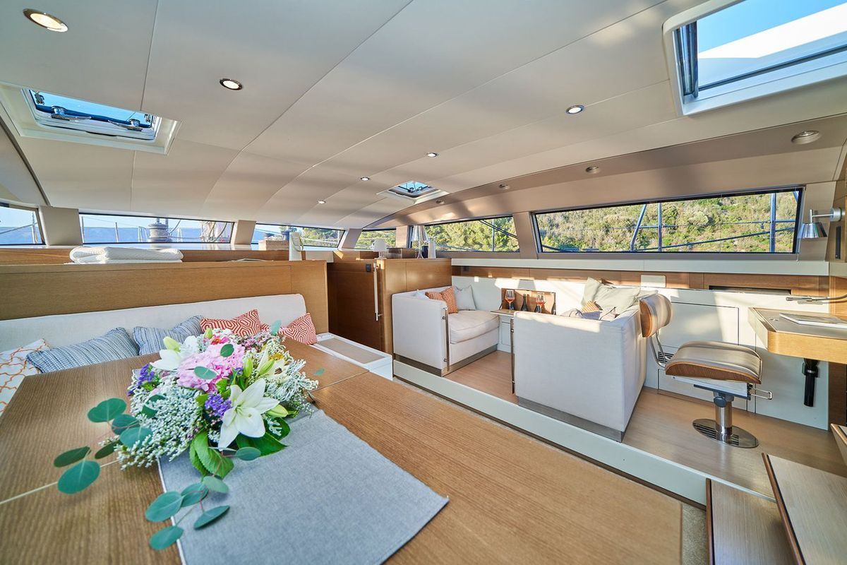 Salon of Aenea, a CNB 76 sailboat at Grad Kaštela, Croatia