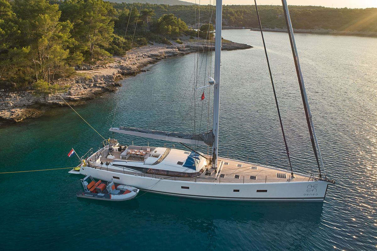 Exterior view of Aenea, a CNB 76 sailboat at Grad Kaštela, Croatia