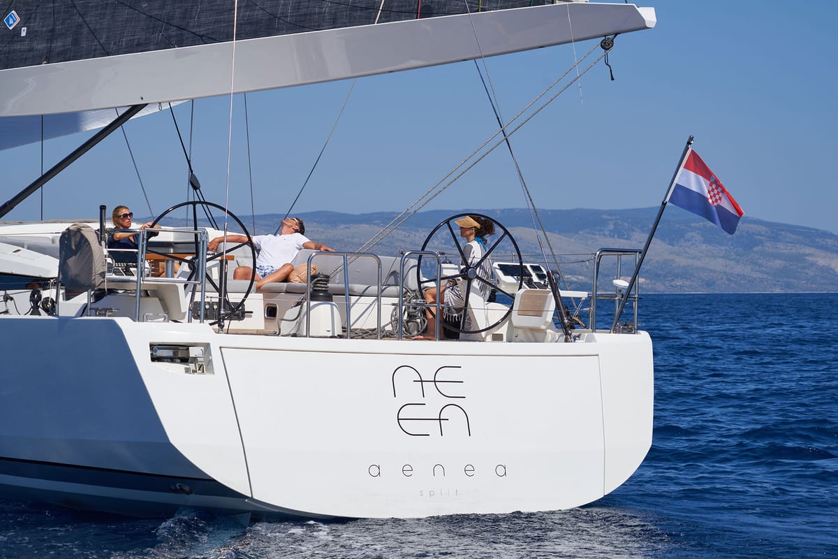 Exterior view of Aenea, a CNB 76 sailboat at Grad Kaštela, Croatia
