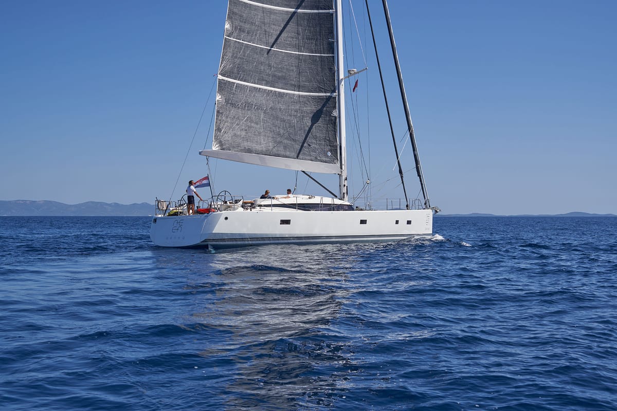 Exterior view of Aenea, a CNB 76 sailboat at Grad Kaštela, Croatia