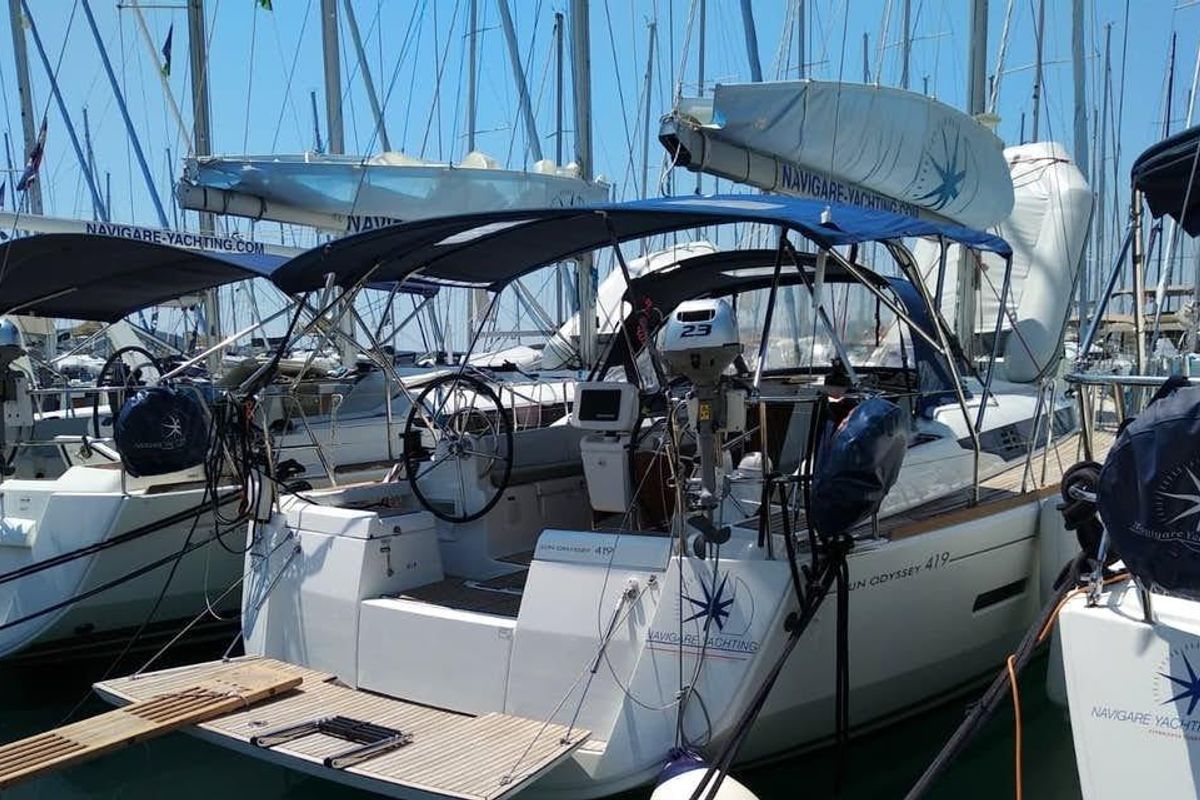 Exterior view of Tumbleweed, a Jeanneau Sun Odyssey 419 sailboat at Kontokali, Greece