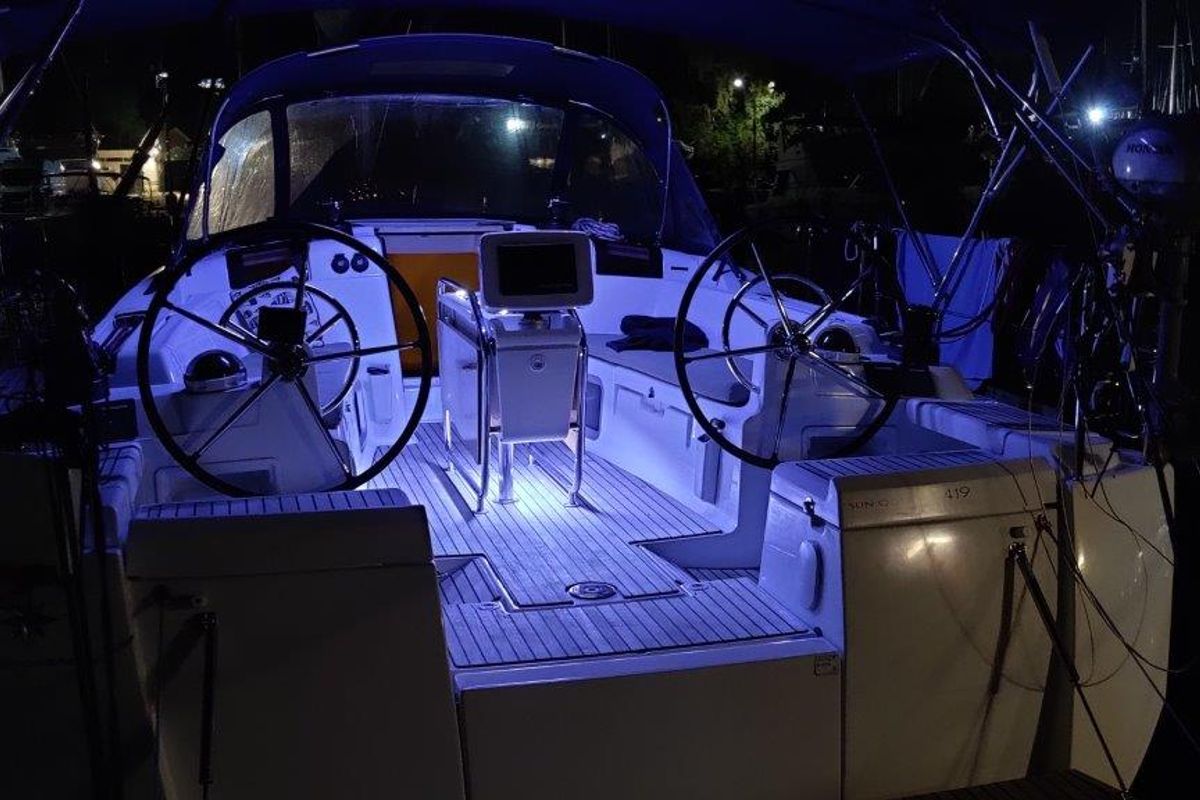 Cockpit of Tumbleweed, a Jeanneau Sun Odyssey 419 sailboat at Kontokali, Greece