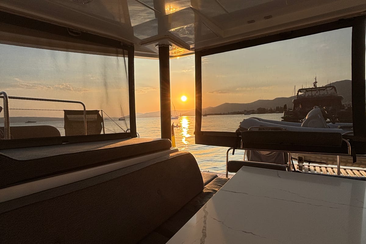 Salon of Serenity I, a Lagoon 52F catamaran at Grad Kaštela, Croatia