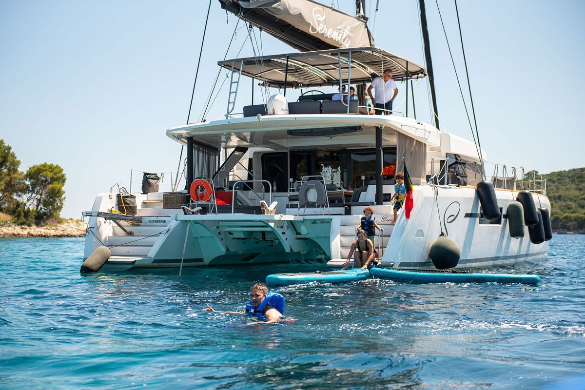 Exterior view of Serenity I, a Lagoon 52F catamaran at Grad Kaštela, Croatia