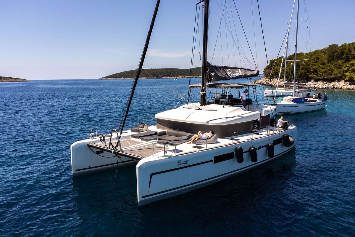 Exterior view of Serenity I, a Lagoon 52F catamaran at Grad Kaštela, Croatia