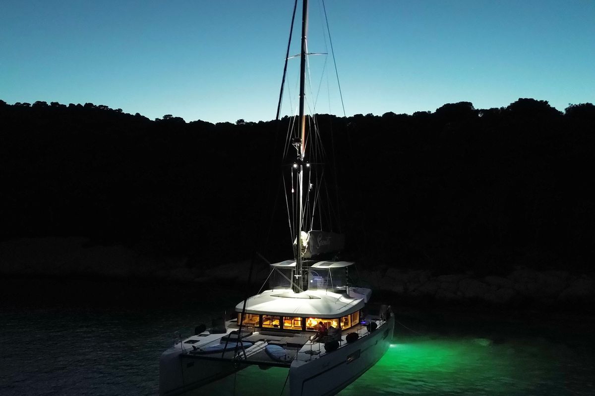 Exterior view of Serenity I, a Lagoon 52F catamaran at Grad Kaštela, Croatia