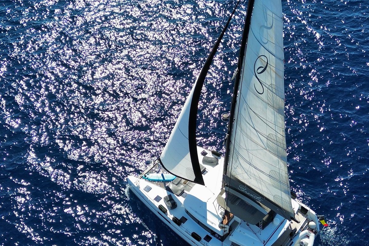 Exterior view of Serenity I, a Lagoon 52F catamaran at Grad Kaštela, Croatia