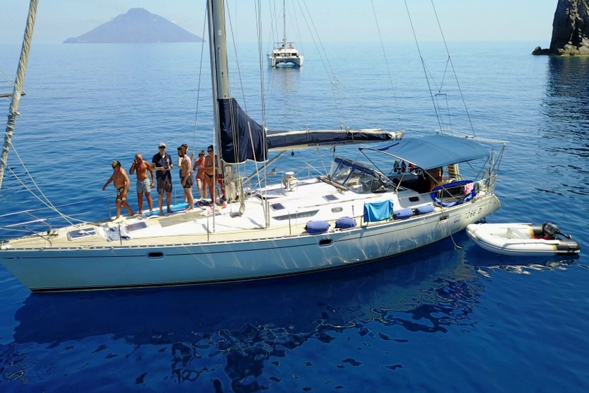 Exterior view of Ronik, a Jeanneau Sun Odyssey 52.2 sailboat at Lipari, Italy